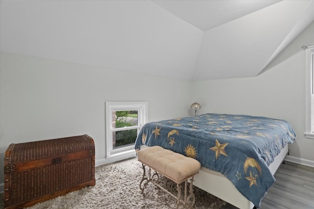 bedroom with lofted ceiling and wood-type flooring