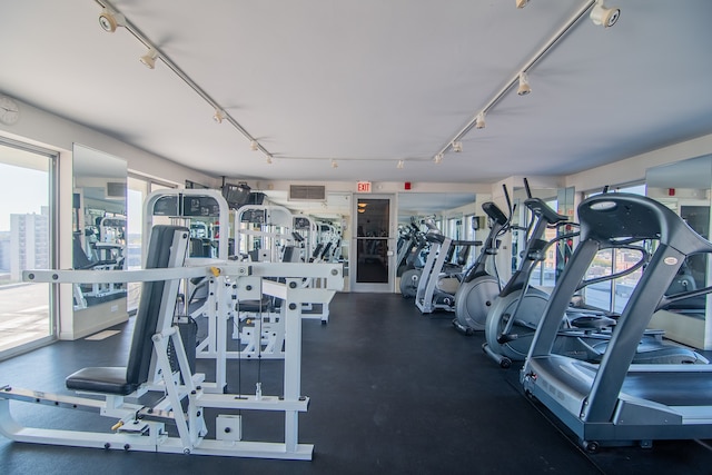 exercise room with track lighting