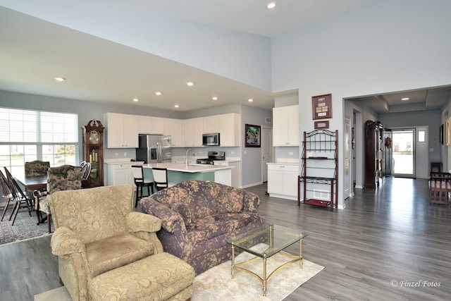 living room featuring a high ceiling, a healthy amount of sunlight, sink, and dark hardwood / wood-style floors