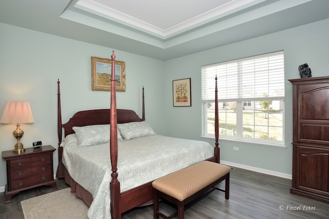 bedroom with a raised ceiling and dark wood-type flooring