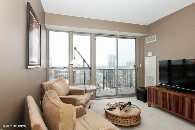 carpeted living room featuring a textured ceiling