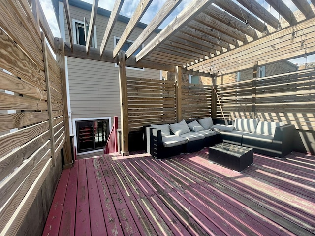 deck featuring outdoor lounge area and a pergola