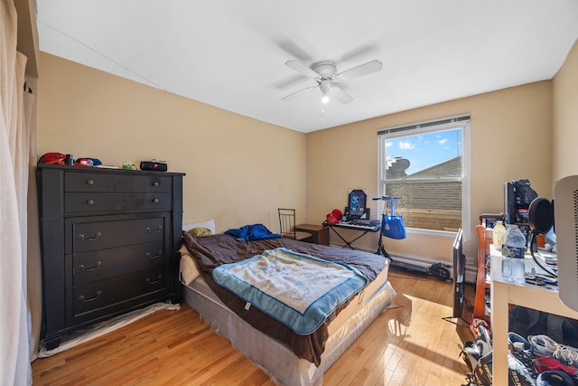 bedroom featuring light hardwood / wood-style floors and ceiling fan