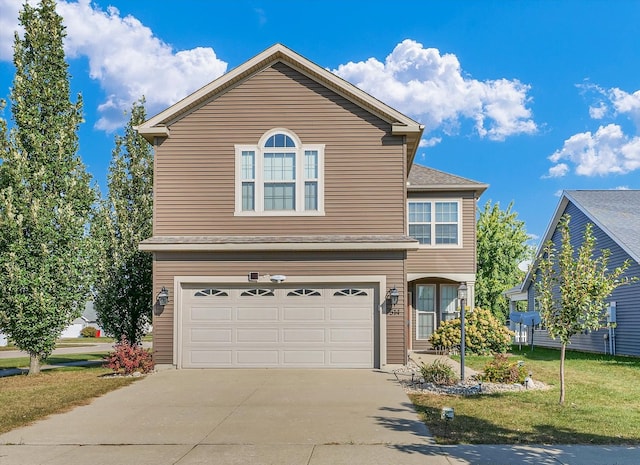 view of property featuring a front lawn and a garage