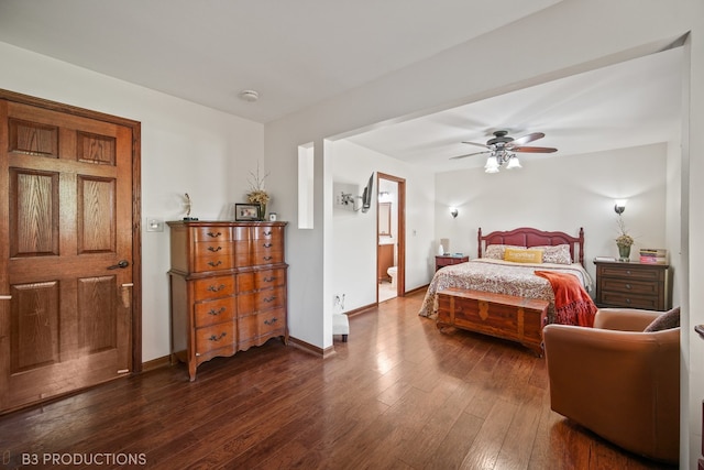 bedroom featuring dark wood-type flooring, ceiling fan, and connected bathroom