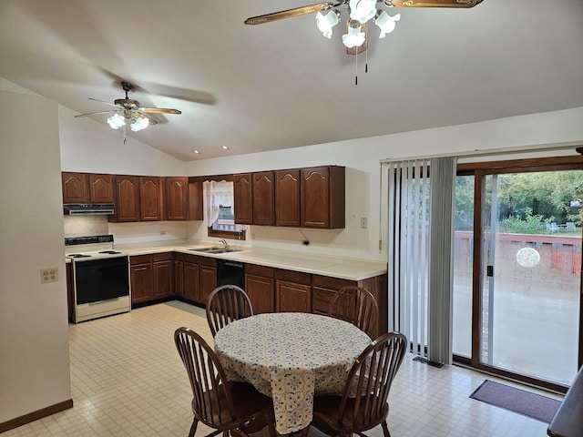 kitchen featuring lofted ceiling, white electric stove, dark brown cabinets, and ceiling fan