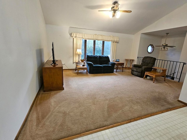 living room with lofted ceiling, carpet, and ceiling fan