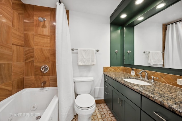 full bathroom featuring vanity, shower / tub combo, backsplash, and toilet