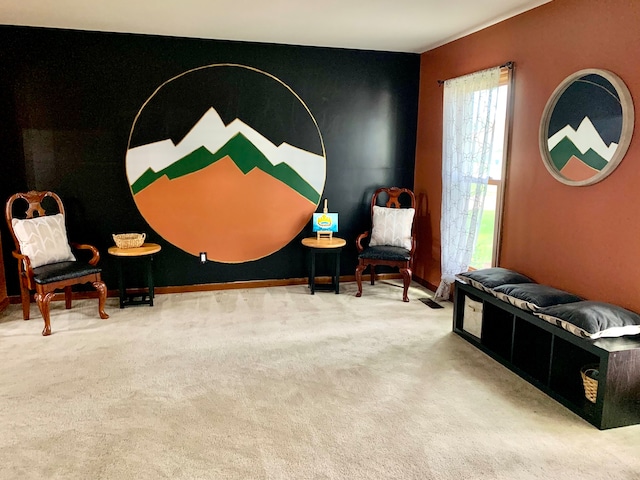 living area with light colored carpet