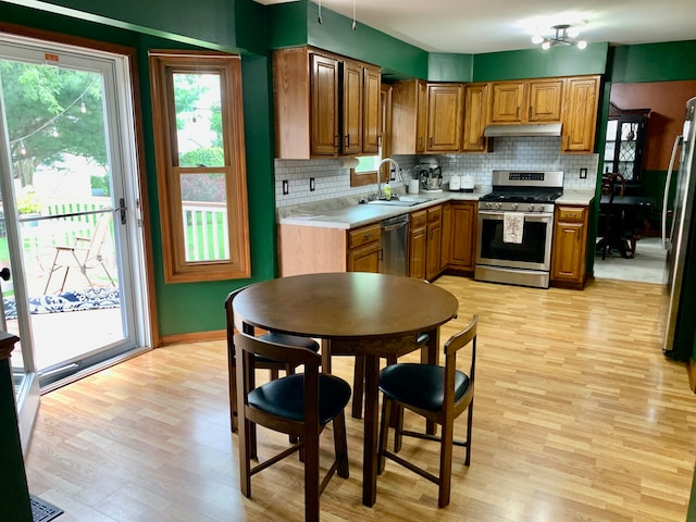 kitchen with light wood-type flooring, stainless steel appliances, backsplash, and sink