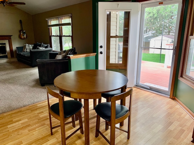 dining room featuring ceiling fan, light hardwood / wood-style flooring, and a healthy amount of sunlight