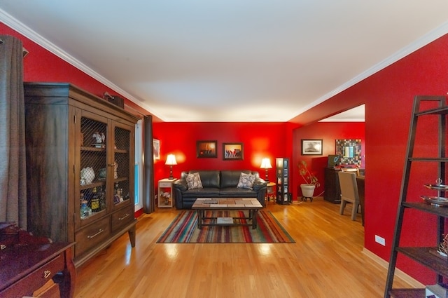 living room featuring crown molding and light hardwood / wood-style flooring