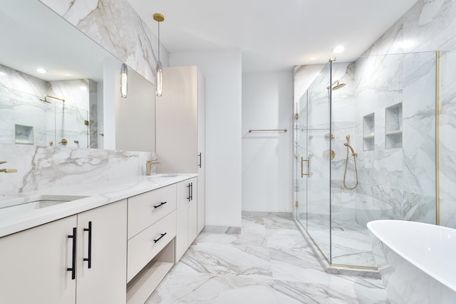 bathroom featuring vanity and plus walk in shower