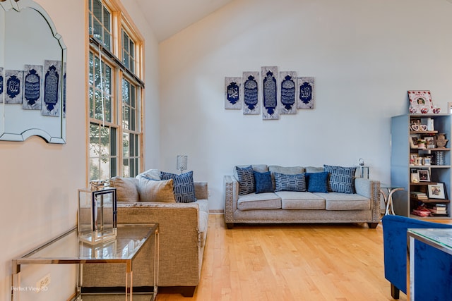 living room featuring light wood-type flooring and high vaulted ceiling