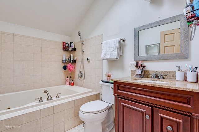 full bathroom with separate shower and tub, vanity, tile patterned flooring, vaulted ceiling, and toilet