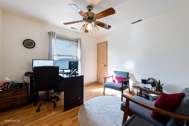 office space featuring ceiling fan and light hardwood / wood-style floors