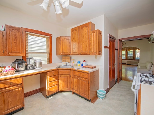 kitchen with ceiling fan, sink, gas range gas stove, and a wealth of natural light