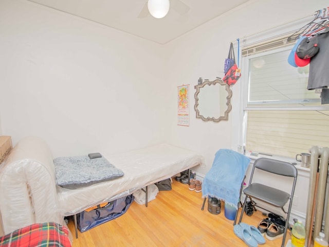 bedroom with ceiling fan, radiator, and wood-type flooring