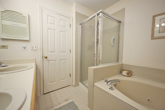 bathroom with vanity, separate shower and tub, and tile patterned floors