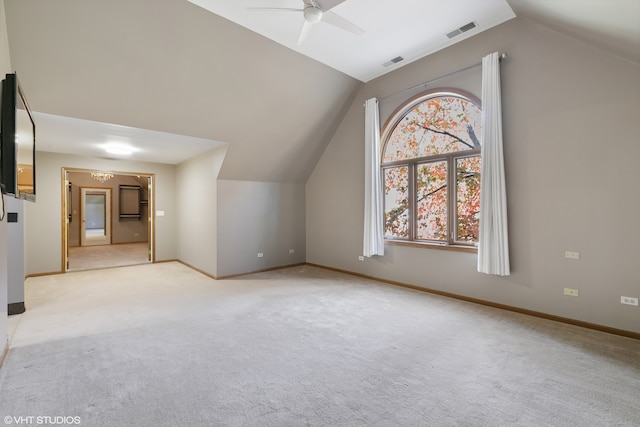 bonus room featuring light carpet, vaulted ceiling, and ceiling fan