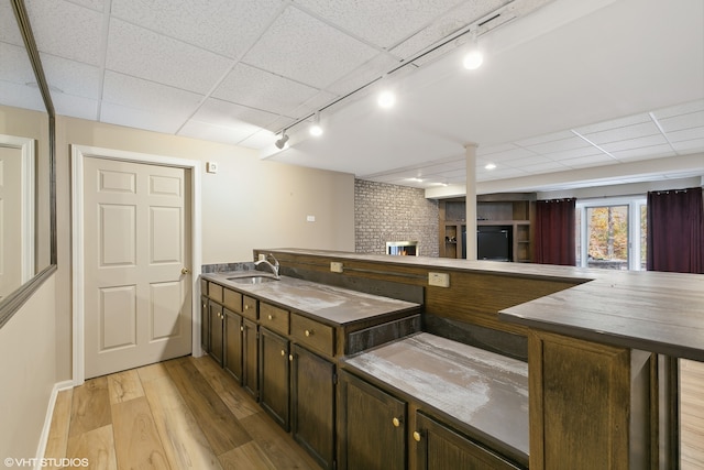 kitchen with sink, light wood-type flooring, a brick fireplace, rail lighting, and dark brown cabinetry