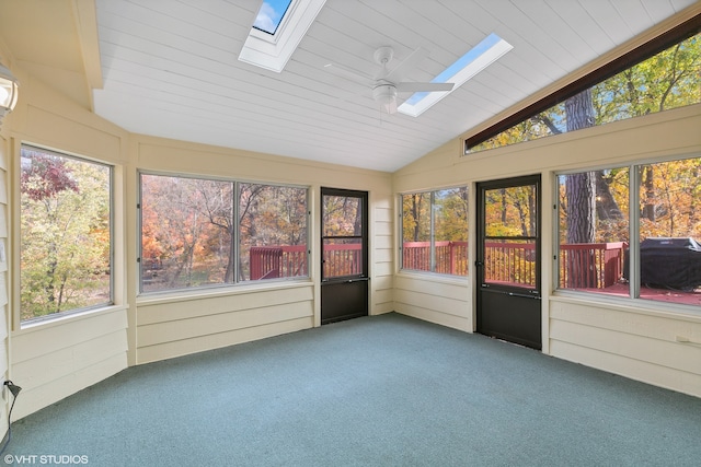 unfurnished sunroom with wooden ceiling and vaulted ceiling