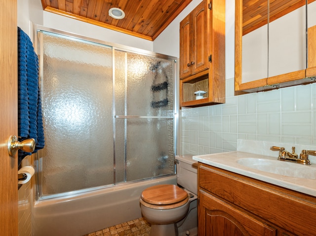 full bathroom with wood ceiling, toilet, backsplash, bath / shower combo with glass door, and vanity