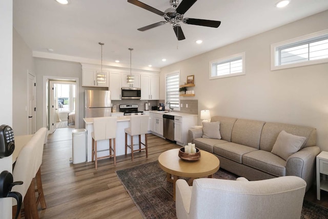 living room featuring ceiling fan, hardwood / wood-style flooring, and sink