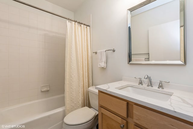 full bathroom with vanity, toilet, and shower / bathtub combination with curtain