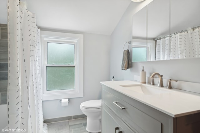 bathroom featuring hardwood / wood-style flooring, vanity, toilet, and a shower with curtain