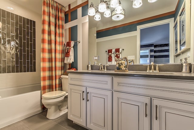 full bathroom with tile patterned floors, vanity, shower / tub combo, and toilet