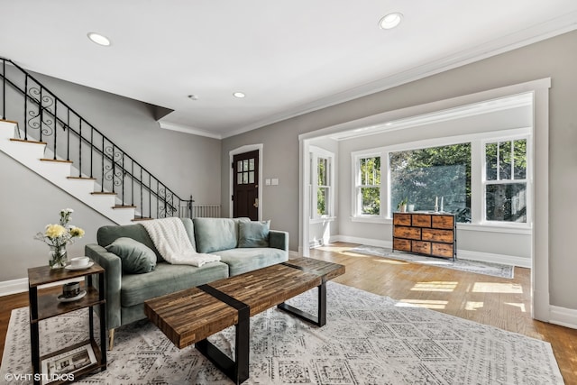 living room featuring crown molding and light hardwood / wood-style floors