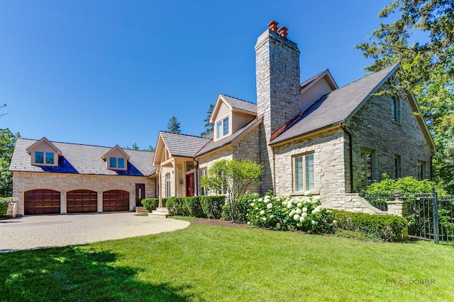 view of front of home with a garage and a front lawn