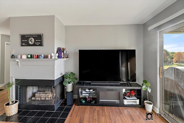 living room with a multi sided fireplace and hardwood / wood-style floors