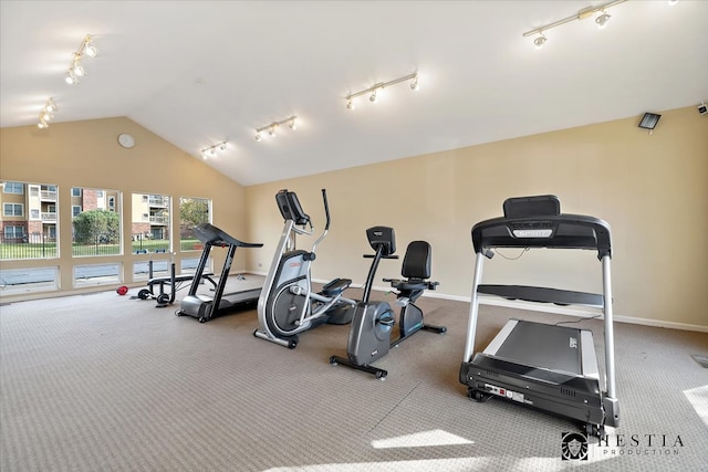 exercise room featuring lofted ceiling, carpet, and rail lighting