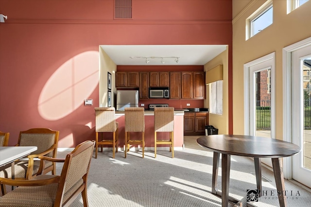 kitchen with kitchen peninsula, track lighting, ornamental molding, stainless steel appliances, and light colored carpet