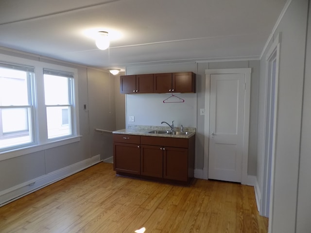 kitchen featuring crown molding, sink, and light wood-type flooring