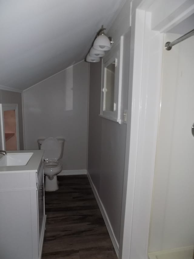 bathroom with lofted ceiling, hardwood / wood-style floors, vanity, and toilet