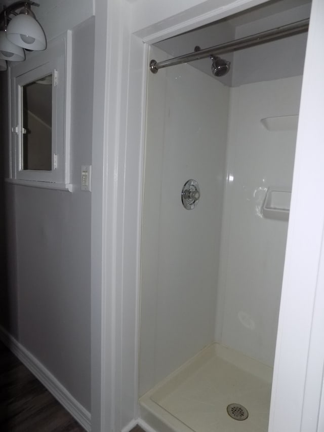 bathroom featuring walk in shower and wood-type flooring