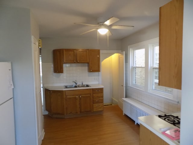 kitchen featuring ceiling fan, light hardwood / wood-style floors, white refrigerator, radiator, and backsplash