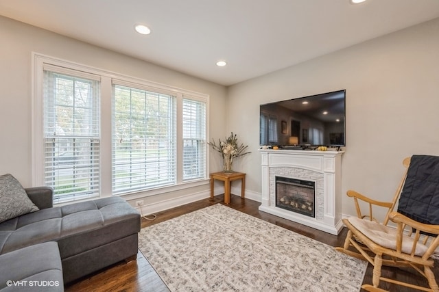 living area with a fireplace, a wealth of natural light, and dark wood-type flooring