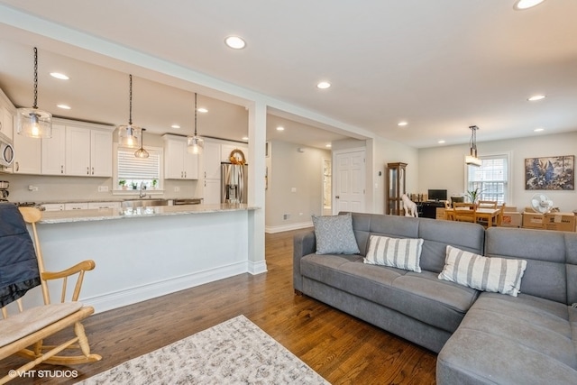 living room featuring sink and dark hardwood / wood-style floors