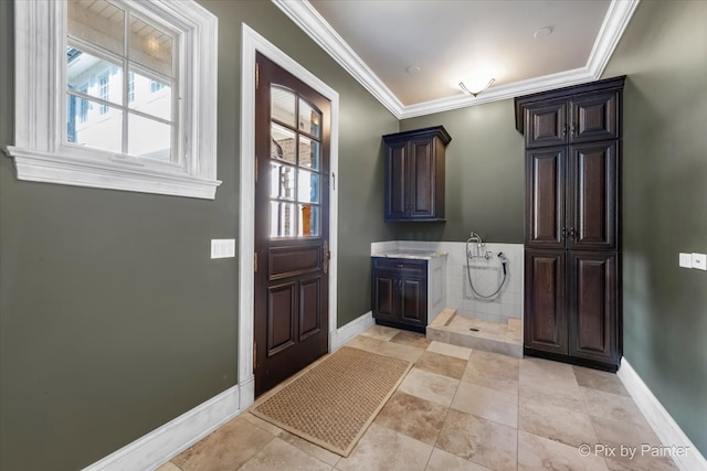 entryway with plenty of natural light and crown molding