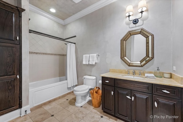 full bathroom featuring vanity, tile patterned flooring, shower / bathtub combination with curtain, crown molding, and toilet