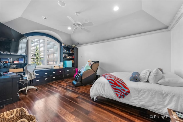 bedroom featuring ornamental molding, vaulted ceiling, dark hardwood / wood-style flooring, and ceiling fan