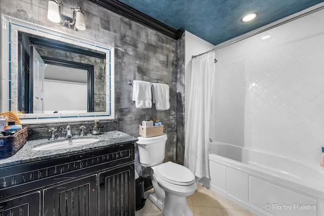 full bathroom with vanity, crown molding, tile patterned flooring, shower / bath combo, and toilet