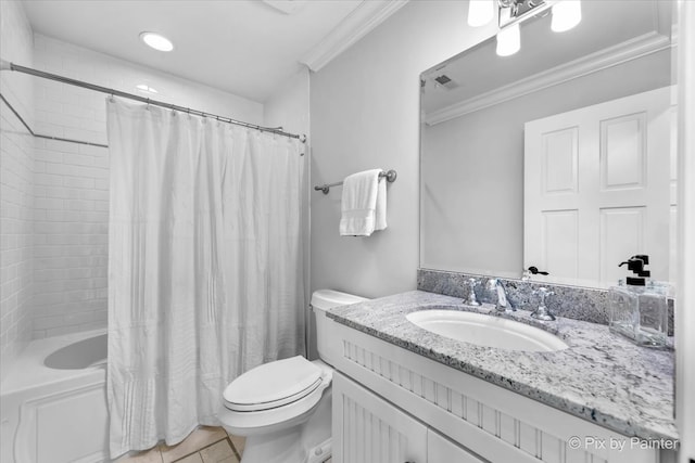 full bathroom featuring tile patterned flooring, shower / tub combo, toilet, crown molding, and vanity