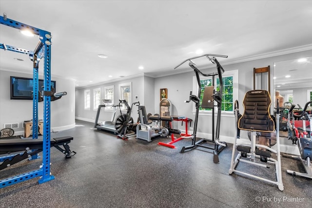 workout area with ornamental molding