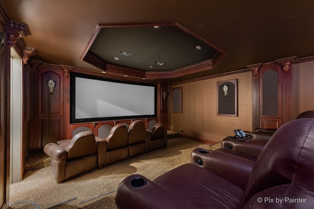 cinema room featuring a tray ceiling and carpet