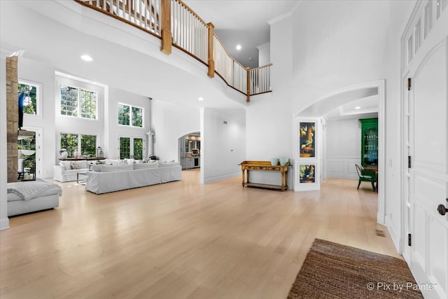 interior space with ornamental molding, light wood-type flooring, and a towering ceiling